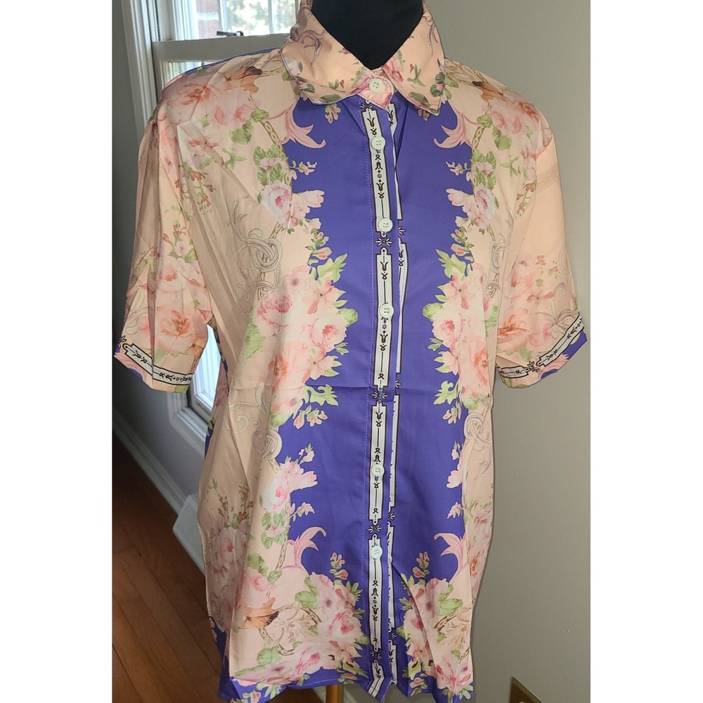 NWT Floral Scarf Look Shirtdress Buttondown Pink Purple Romantic Silky Feel